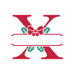 Vector festive, decorative split letter X monogram with Christmas elements, perfect for personalized holiday designs. Symbols and ornaments, ideal for branding, logos, and family name templates