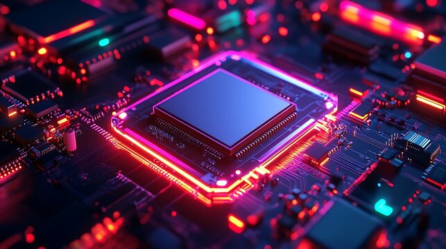 Central computer processor glowing with vibrant neon lights image
