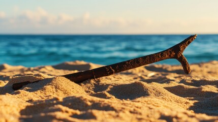 Fototapeta premium Ancient harpoon resting on sandy beach, partially buried with weathered wooden handle and rusted metal tip, evoking historical maritime heritage and archaeological significance