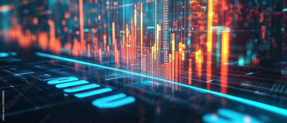 Poster abstract digital landscape with glowing data visualizations and futuristic elements.