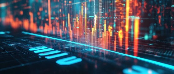 Abstract digital landscape with glowing data visualizations and futuristic elements.