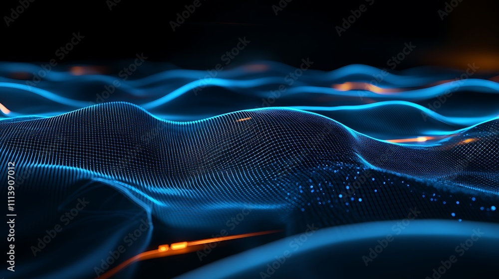 Poster abstract futuristic wave pattern with glowing lights and vibrant colors in a dark background for dig
