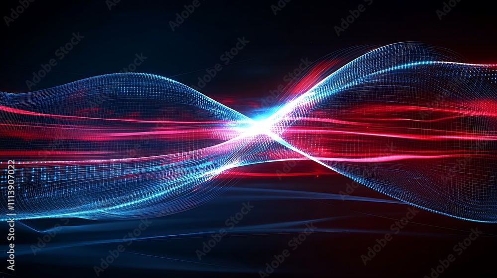Poster abstract futuristic waves with glowing red and blue lines in a dark background for technology and de