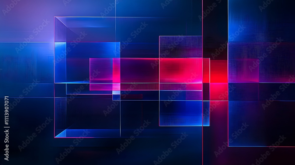 Poster abstract geometric shapes and colorful lighting in blue and pink tones for background or design usag