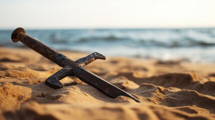 Ancient harpoon resting on sandy beach, partially buried with weathered wooden handle and rusted metal tip, evoking historical maritime heritage and archaeological significance