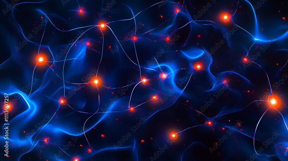Poster abstract glowing blue and orange background with luminous nodes and wavy lines in dark space illustr