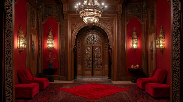 Opulent Red Room with Intricate Carved Wooden Doors