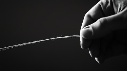 A hand holds a thin white string.