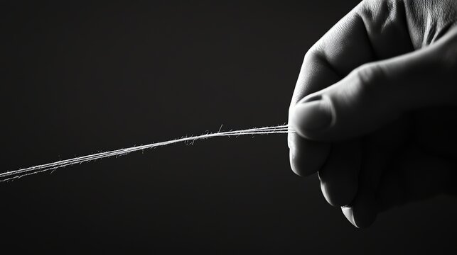 A hand holds a thin white string.