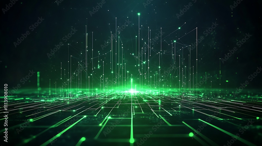 Poster abstract green digital landscape with lines and particles in futuristic environment of technology an