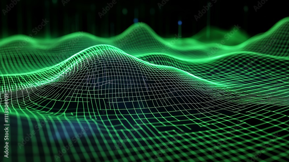 Aufkleber abstract green digital landscape with wavy grid and light patterns for technology and futuristic con