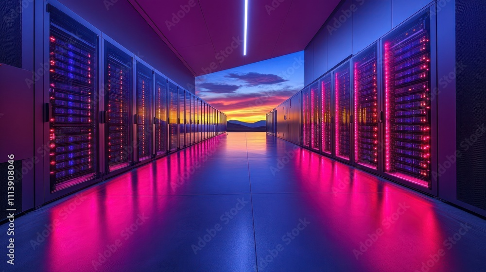 Poster sunset-lit server room with rows of data storage racks.