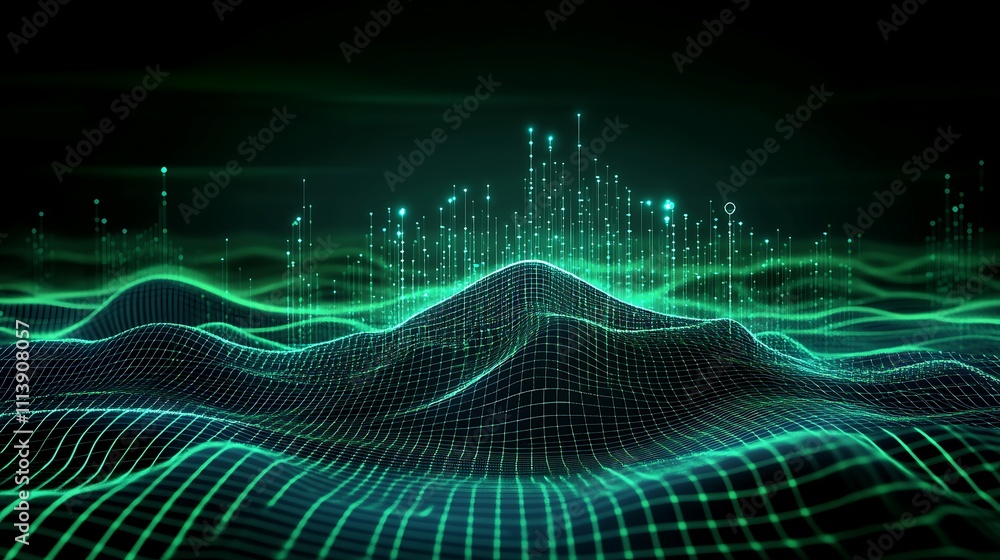 Poster abstract green digital landscape with wavy structure and glowing data points in a futuristic environ