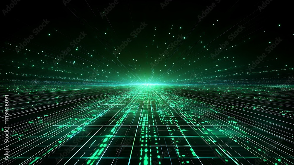 Poster abstract green digital matrix visual with lines and particles in futuristic technology background