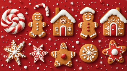Red and white Christmas pattern with gingerbread cookies, candy canes, stars, houses, and snowflakes