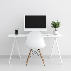 Minimalist workspace with monitor and white desk featuring a modern aesthetic