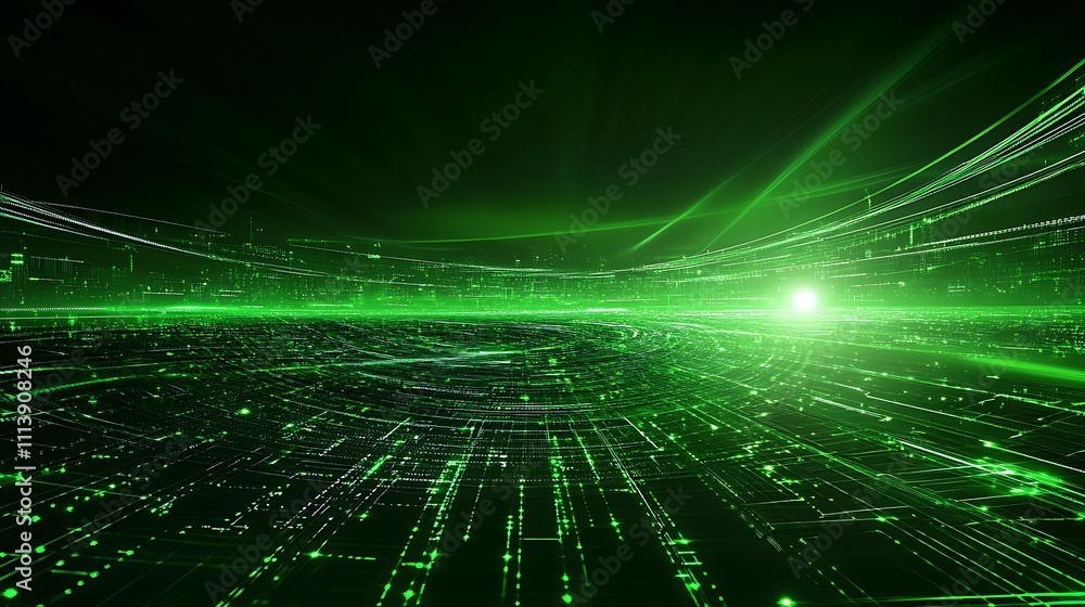 Aufkleber abstract green futuristic digital landscape with glowing lines and patterns representing technology 