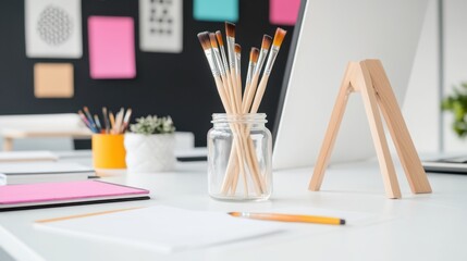 Creative workspace with art supplies and computer display in a modern office