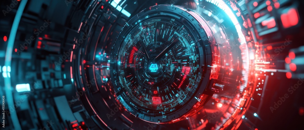 Poster abstract digital design with glowing elements in red and blue, resembling futuristic technology.
