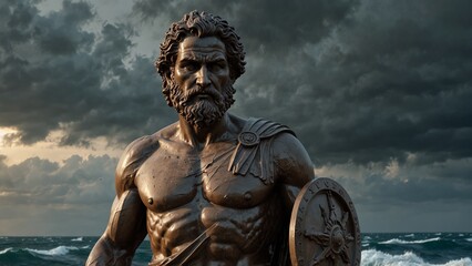 Statue of Odysseus, navigating through storms and seas, holding a shield and sword, with a storm and ships on the sea in the background, with wisdom and perseverance symbols carved on the base.