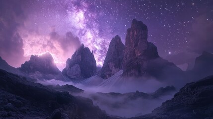 Obraz premium A breathtaking mountain landscape under a starry night sky with vibrant colors.