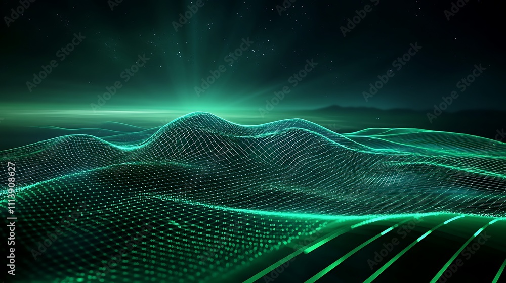 Poster abstract green wave form representation with glowing lines and dots against dark background