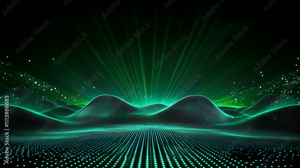 Poster abstract green wave landscape with luminous dots and light rays creating a futuristic digital atmosp