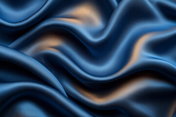 Fototapeta premium Luxurious deep blue silk fabric draped elegantly with soft glimmers of light enhancing its beauty. Generative AI
