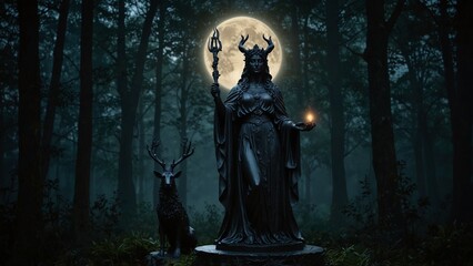 Statue of Hecate, the goddess of magic, dressed in black robes, holding a staff and a moon halo, set against a shadowy forest and moonlight, with darkness and witchcraft symbols carved on the base.