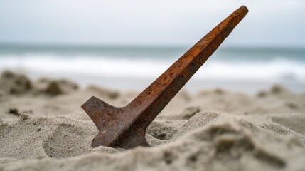 Ancient harpoon resting on sandy beach, partially buried with weathered wooden handle and rusted metal tip, evoking historical maritime heritage and archaeological significance