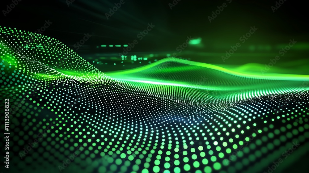 Poster abstract green wave pattern with dotted texture and light effects for background design and digital 