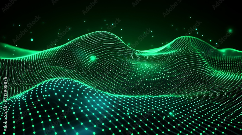 Poster abstract green wave patterns with dots and particles for digital backgrounds and technology concepts