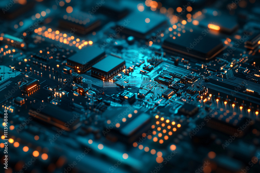 Poster close-up of a glowing circuit board with blue and orange lights creating a high-tech and intricate f