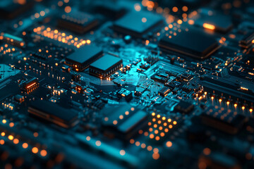 Fototapeta premium close-up of a glowing circuit board with blue and orange lights creating a high-tech and intricate futuristic design 