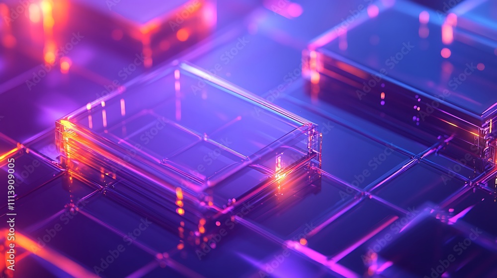 Poster abstract illuminated transparent boxes in futuristic digital space with vibrant colors and reflectio