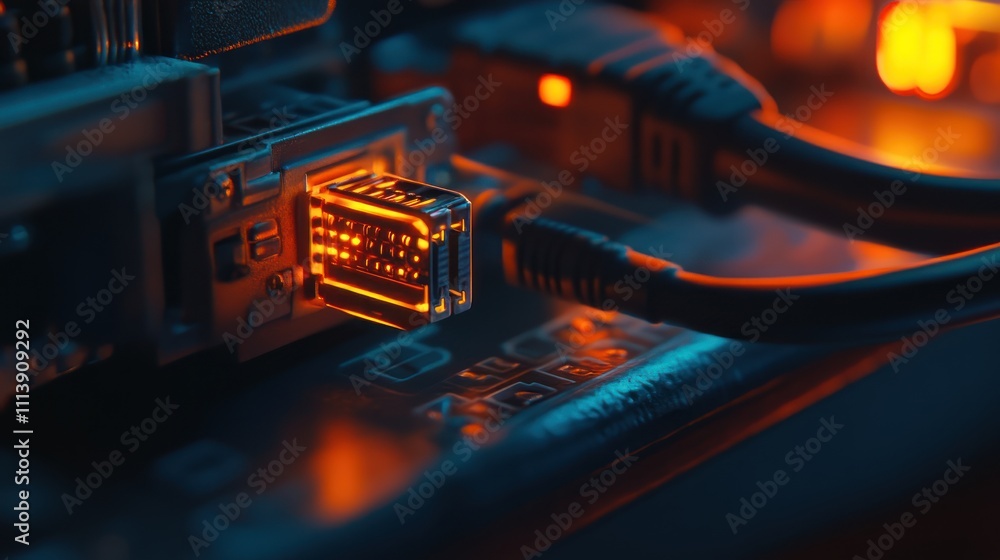 Poster close-up of a network connector plugged into a circuit board, illuminated by ambient light.