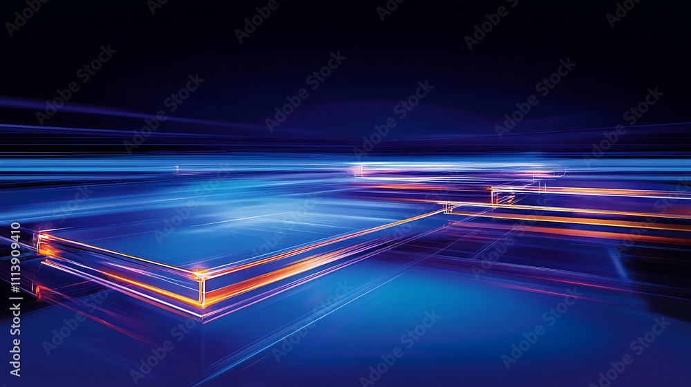 Poster abstract light trails in blue and orange colors creating dynamic motion in digital space design