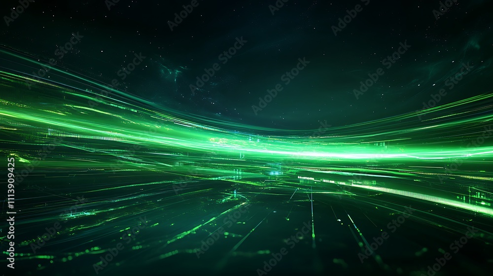 Poster abstract light trails in green color with cosmic background and digital patterns for futuristic desi