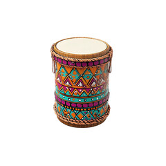 Vibrant Tribal Drum with Geometric Pattern - Decorative Wooden Cylinder