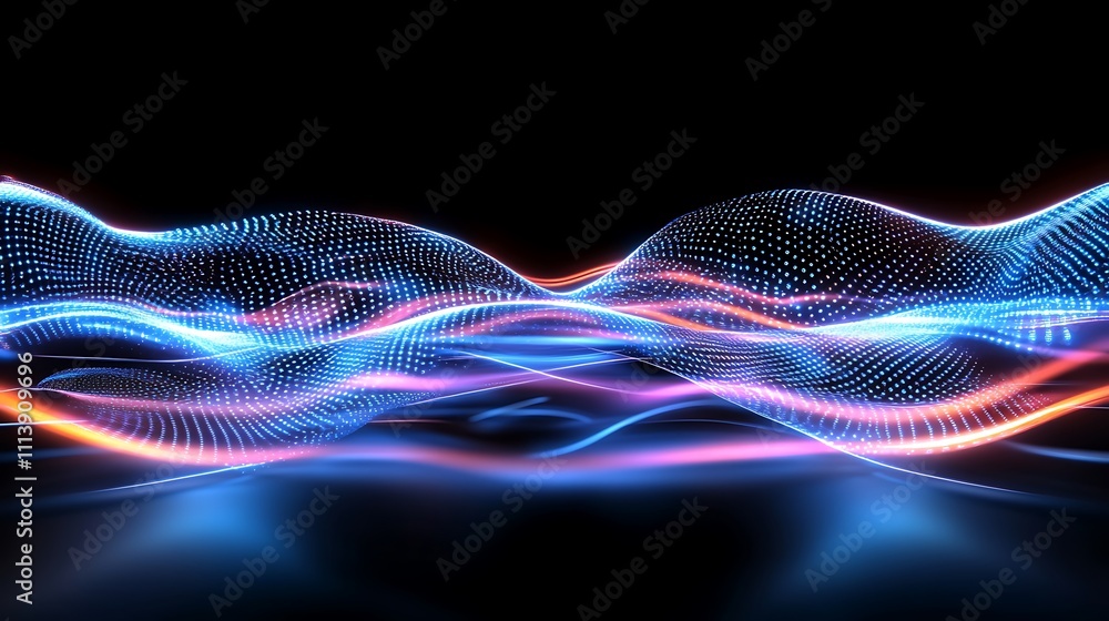 Poster abstract light waves in neon colors with glowing particles and flowing patterns on a dark background
