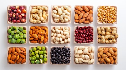 Diverse selection of nuts and legumes kitchen setting food photography natural lighting healthy snacks concept