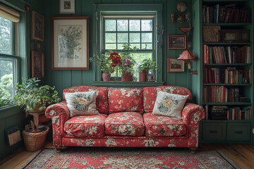Floral Sofa in a Green Room with Bookshelves and Plants