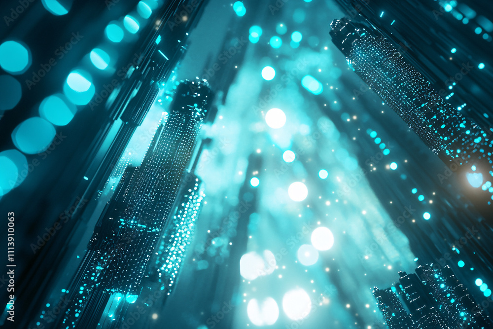 Poster futuristic cityscape with glowing blue lights and shimmering particles creating a digital sci-fi atm