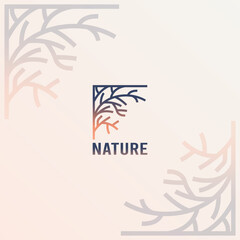 Blue nature logo,tree icon. half rectangle symbol, design abstract line, branch leaves, emblem vine, organic products logotype, grow botanic. Vector modern garish isolated illustration