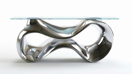 A modern, sculptural table with a glass top and a flowing, metallic base.