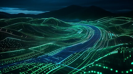Abstract neon landscape with flowing lines and glowing particles in a futuristic digital environment