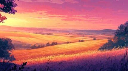 Obraz premium Golden Sunset Over Rolling Hills and Fields