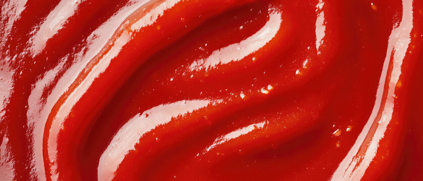 Hot chili sauce or ketchup texture in extreme macro showing rich red color with swirling patterns and glossy surface detail. Generative AI.