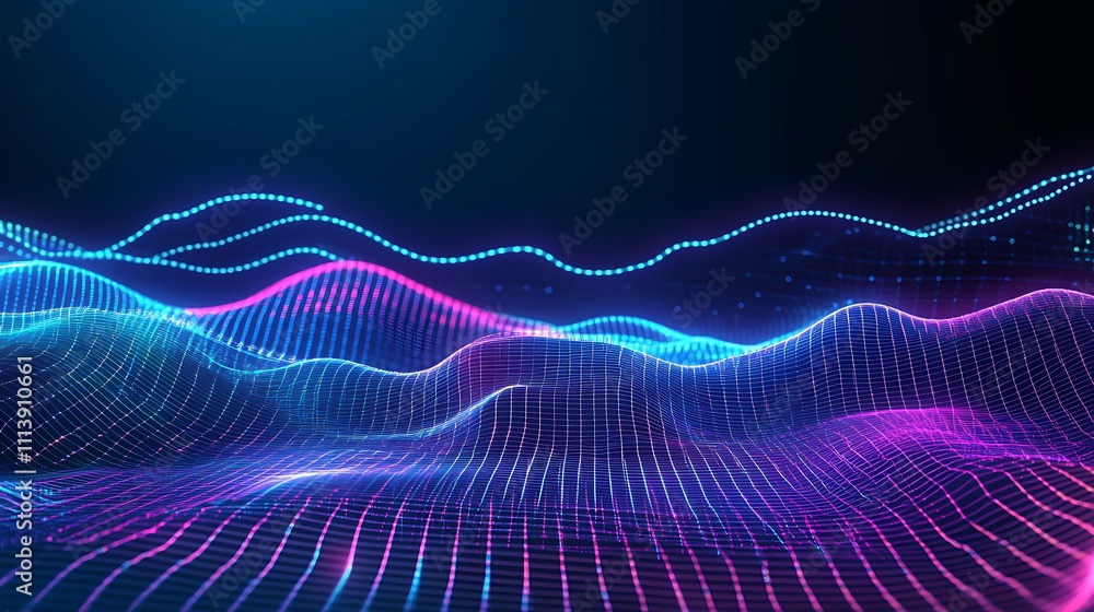Aufkleber abstract neon wave background with glowing lines and dots for future technology and digital concepts
