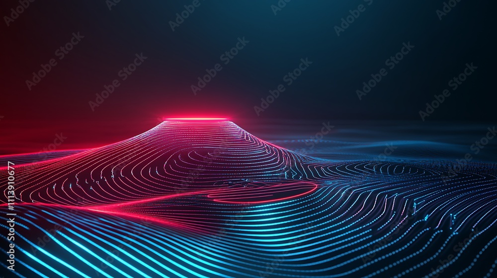 Poster abstract neon visualization of light waves and curved lines in blue and red colors over dark backgro